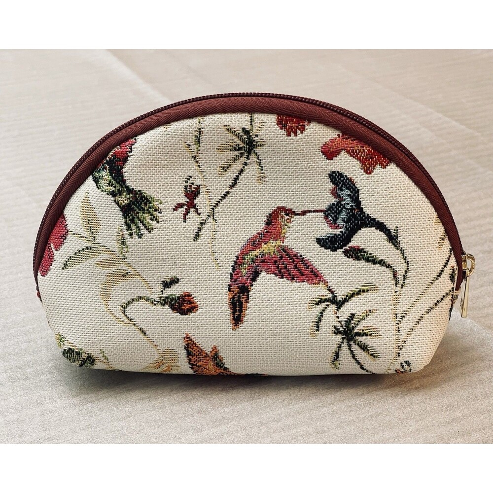 Cosmetic Makeup Bag Tapestry Zip Pouch Hummingbirds Floral Boho 8"x5" Sainty